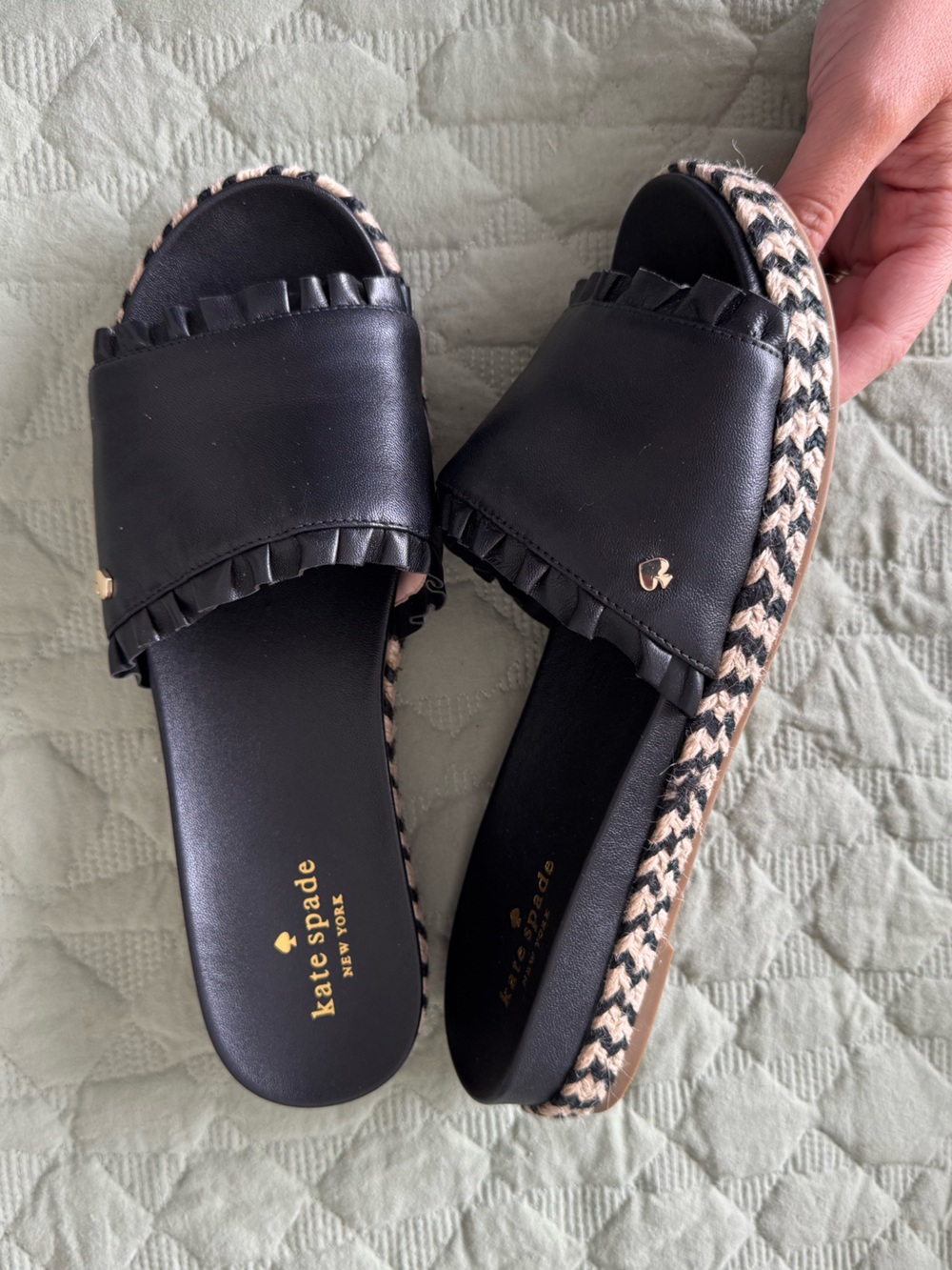kate spade Black Ruffle Slide Sandals with Braided Espadrille Trim
